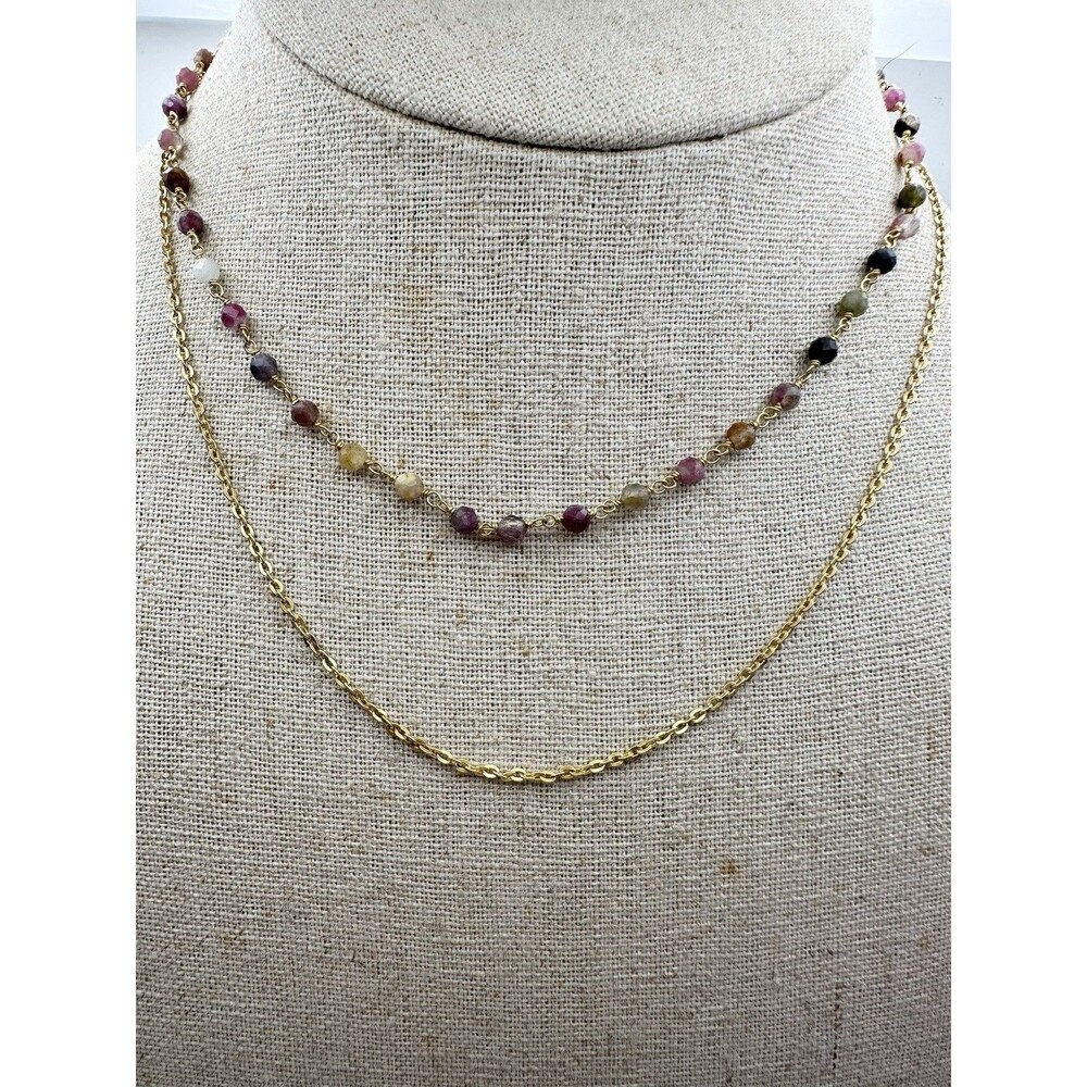 925 Sterling Silver Gold Vermeil Tourmaline Layered Necklace 15.5”